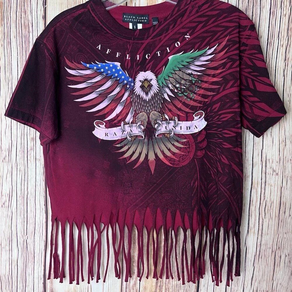 Affliction Womenās FRINGE Shirt Black Label Raza Unida Smallā